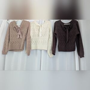 Abercrombie & Fitch Knit Bow-Accent Sweater in Taupe, Cream, and Chocolate